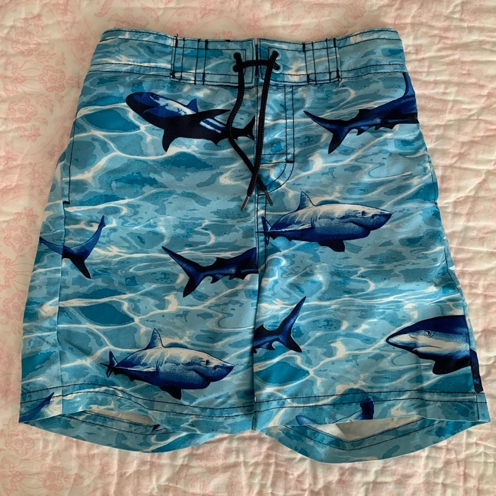 Gymboree 3 PC Swimsuit Set Baby Boys Size 18-24M Blue Trunks Shirt Hat Shark